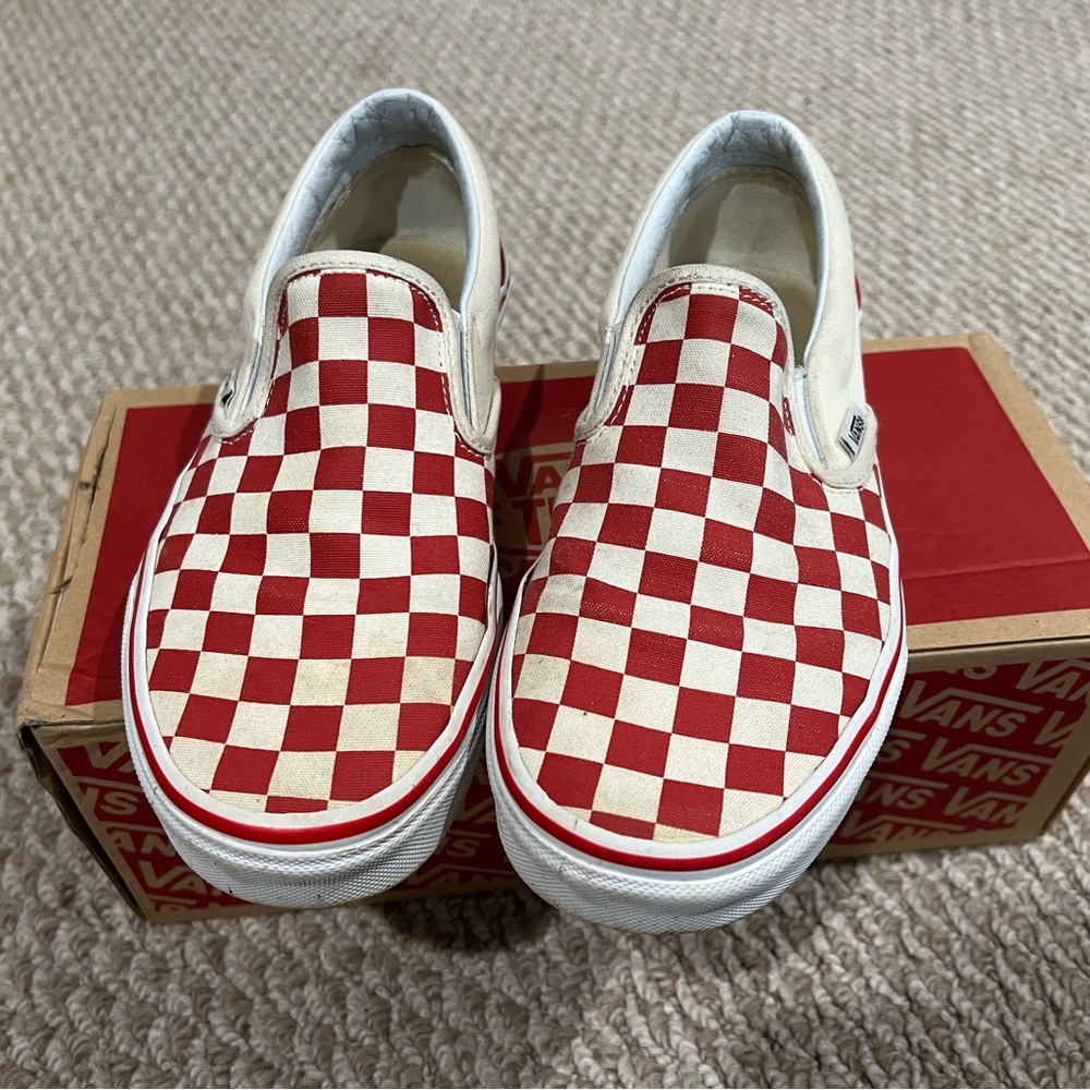Vans Red and White Checkered Slip-On Sneakers